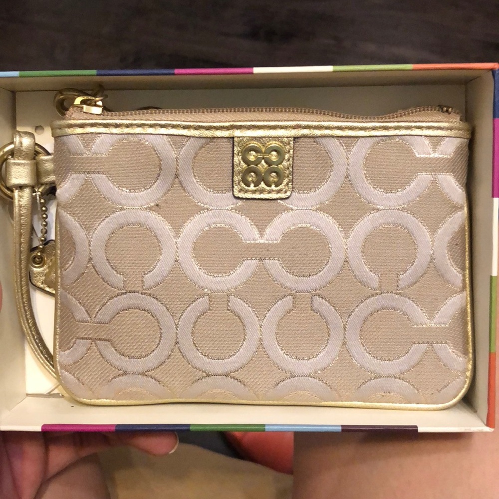 Coach Lt Khaki Beige and Gold Wristlet